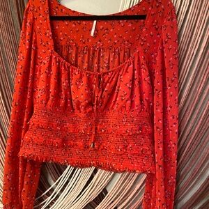 Free People Red Floral Cropped Smock Top